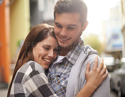 Buy stock photo Love, happiness and couple hug together for security, comfort and enjoy outdoor date with care, support and romance. Wellness, smile and relax boyfriend, girlfriend or people embrace for relationship