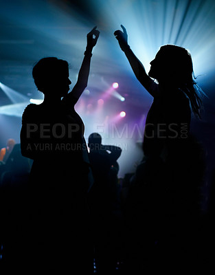 Buy stock photo People, dancing and crowd or concert silhouette for live music performance or festival, rock or friends. Audience, dj and stage lights for celebration rave or band sound as partying, weekend or night