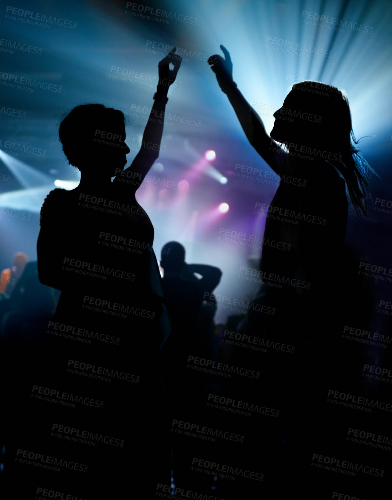 Buy stock photo People, dancing and crowd or concert silhouette for live music performance or festival, rock or friends. Audience, dj and stage lights for celebration rave or band sound as partying, weekend or night