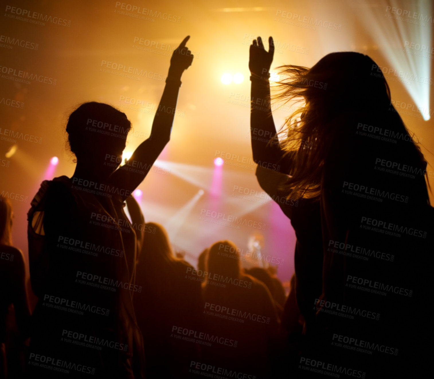 Buy stock photo Crowd, dancing and lights concert or silhouette for live music performance or festival, rock or friends. Audience, dj and stage event for celebration rave or band sound as partying, weekend or night