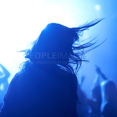 Buy stock photo Person, dancing and crowd or live concert silhouette or music performance or festival, rock or friends. Audience, club and blue lights or celebration rave or band sound as partying, weekend or night