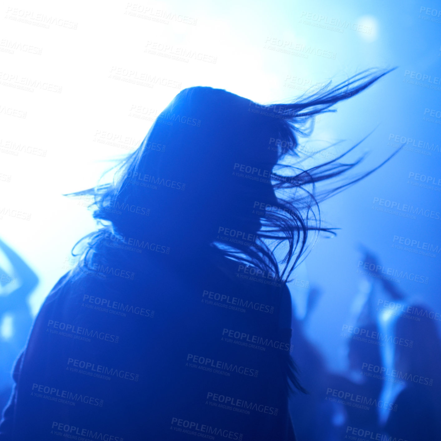 Buy stock photo Person, dancing and crowd or live concert silhouette or music performance or festival, rock or friends. Audience, club and blue lights or celebration rave or band sound as partying, weekend or night