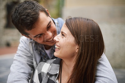 Buy stock photo Eye contact, smile and face of couple hug, relax and enjoy date on marriage honeymoon, Valentines Day or anniversary. Trust, love bond and people happy for relationship comfort, soulmate or devotion