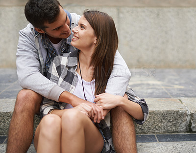 Buy stock photo Smile, steps and relax couple hug, bond and enjoy date on marriage honeymoon, Valentines Day or anniversary. Urban staircase, love and gen z people trust in relationship, eye contact or devotion