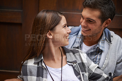 Buy stock photo Eye contact, face and relax couple smile, happy and enjoy time together for wellness, bonding and romantic connection. Commitment, love and people care for relationship partner, soulmate and comfort