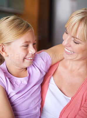 Buy stock photo Mother, girl and hug for bonding, happiness and love in childhood by single parent at home. Daughter, mommy and together in embrace, trust and support or security and enjoying connection and care