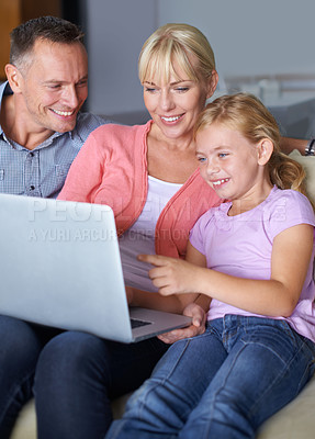 Buy stock photo Happy family, laptop and sofa in living room on internet and streaming subscription in apartment. Daughter, woman or man with pc by online video on couch, bonding or technology with love in house