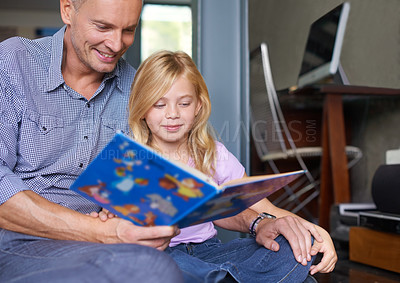 Buy stock photo Father, child and reading book at homeschool, learning and fantasy fiction for education at home. Daddy, daughter and bonding together in childhood, literacy and storytelling for language development