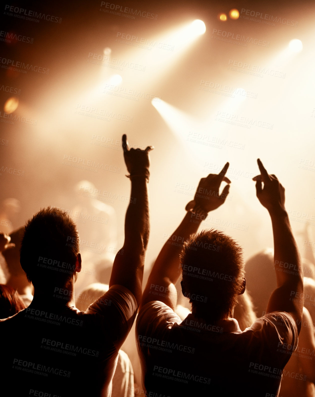 Buy stock photo Friends, dancing and crowd or concert silhouette or live music performance or festival, rock or audio. Audience, dj and stage lights for celebration rave or band sound as partying, weekend or night