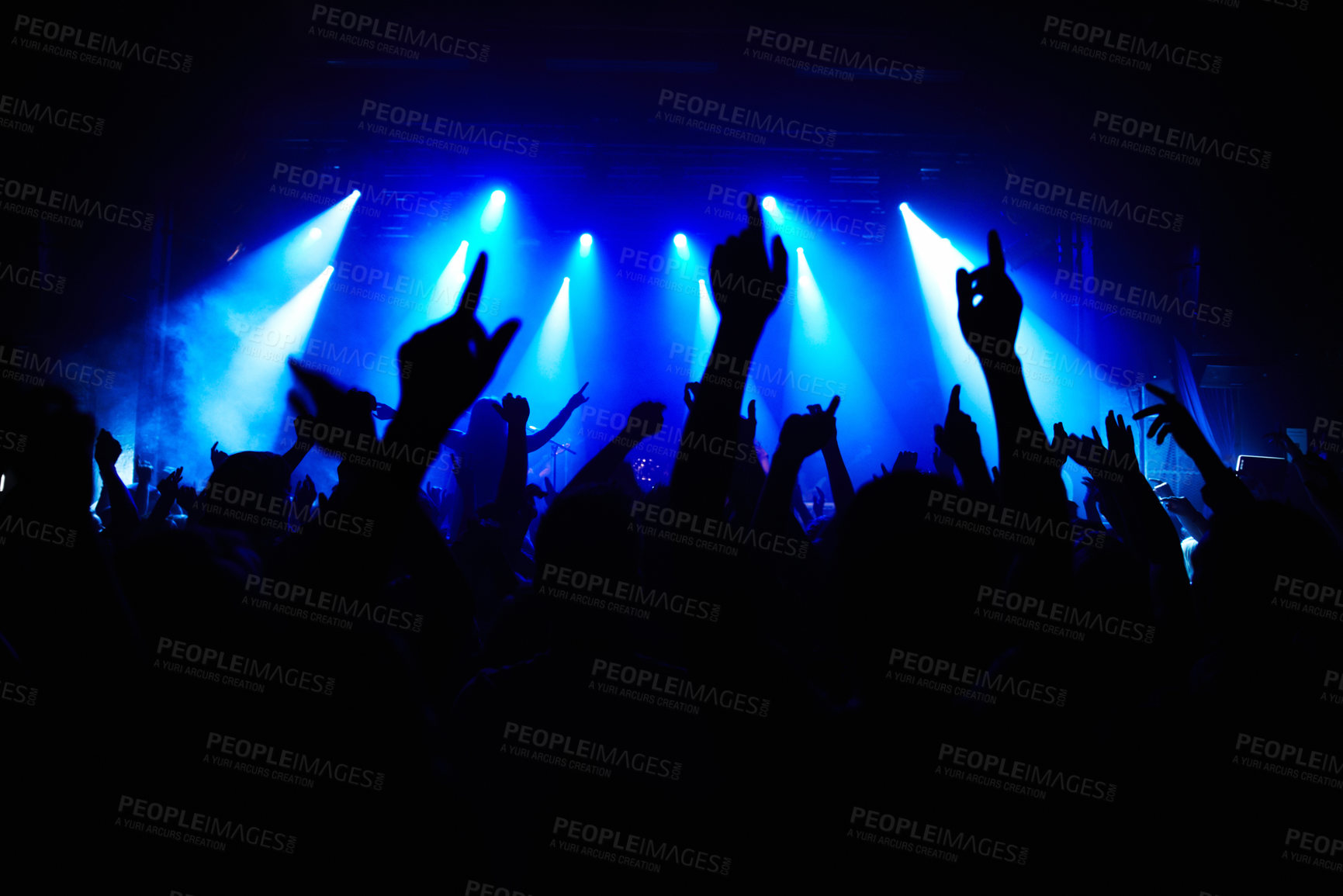 Buy stock photo Club, music and audience with hands and lights for party, concert or rave festival with spotlight and dancing. Disco, psychedelic event and performance with entertainment, crowd and mock up space