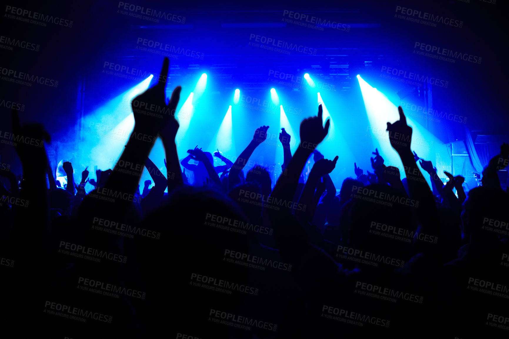 Buy stock photo Nightclub, party and audience with hands or lights for music, concert or rave festival with spotlight and dancing. Disco, psychedelic event and performance with entertainment, crowd and mock up space