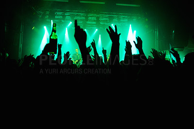 Buy stock photo Silhouette, concert and audience with hands or lights for music, party or rave festival with spotlight and dancing. Disco, psychedelic event and performance with entertainment, crowd and mock up space