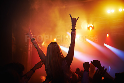 Buy stock photo Fans sitting on shoulders at an epic music concert