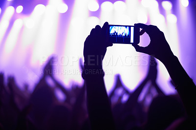 Buy stock photo Nightclub, concert and audience with phone or lights for music, party and rave festival with silhouette and dancing. Disco, psychedelic event or performance with entertainment, crowd and smartphone