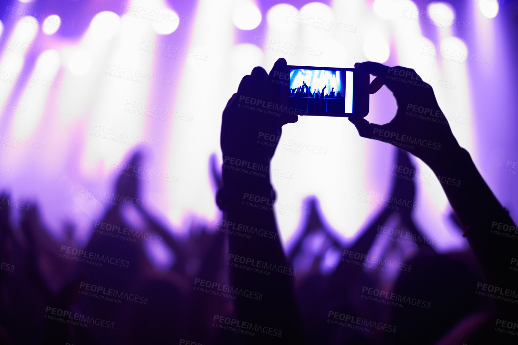 Buy stock photo Nightclub, concert and audience with phone or lights for music, party and rave festival with silhouette and dancing. Disco, psychedelic event or performance with entertainment, crowd and smartphone