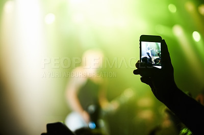 Buy stock photo Nightclub, festival and audience with phone or lights for music, party and rave concert with silhouette and band. Disco, psychedelic event and performance with entertainment, crowd and smartphone