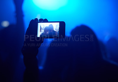 Buy stock photo Nightclub, festival and audience with selfie or lights for music, party and rave concert with silhouette and memory. Disco, psychedelic event and performance with entertainment, crowd and smartphone