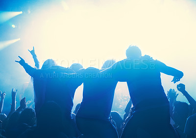 Buy stock photo Nightclub, people and audience with silhouette or lights for party, concert or rave festival with dance and dj. Disco, psychedelic event and performance with entertainment, crowd and hand gesture