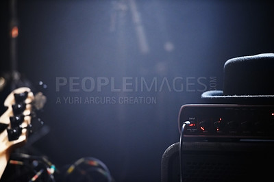 Buy stock photo Musical instruments and amplifiers on a stage waiting to be played