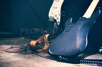 Buy stock photo Musical instruments on an empty stage before a show