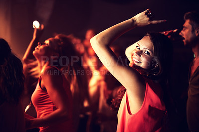 Buy stock photo Music, woman and portrait at festival with dancing for party, concert and nightclub with happiness and audience. Disco, psychedelic event and performance show with entertainment, crowd and energy