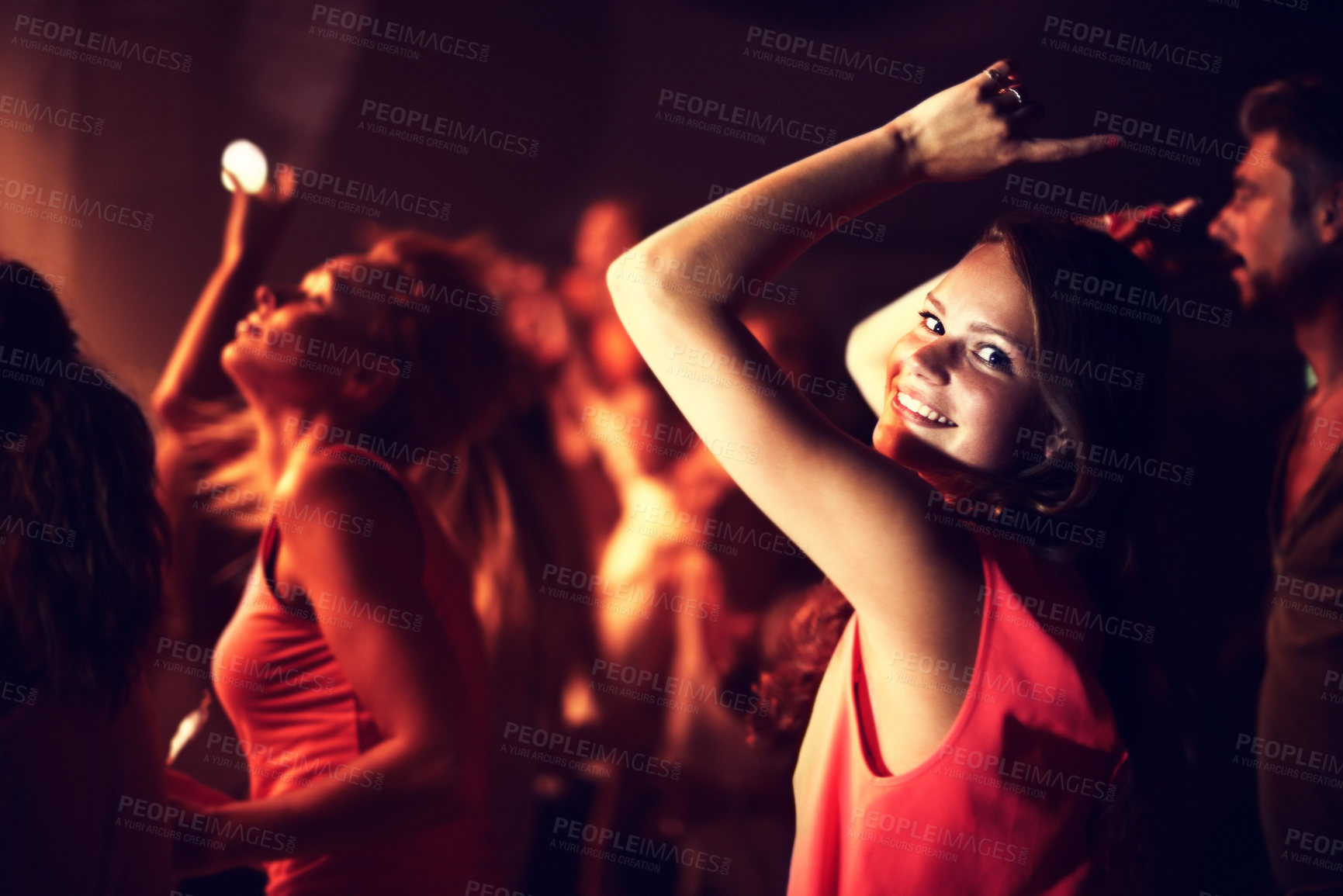 Buy stock photo Music, woman and portrait at festival with dancing for party, concert and nightclub with happiness and audience. Disco, psychedelic event and performance show with entertainment, crowd and energy