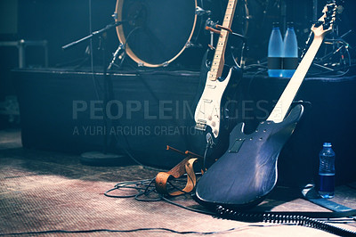 Buy stock photo Musical instruments on an empty stage before a show