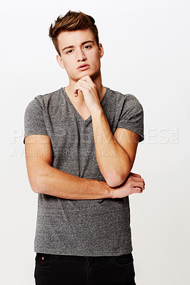 Buy stock photo Fashion, portrait and man thinking in studio with planning, expression or gesture on white background. Face, attitude or male model with why, questions or brainstorming, emoji or problem solving