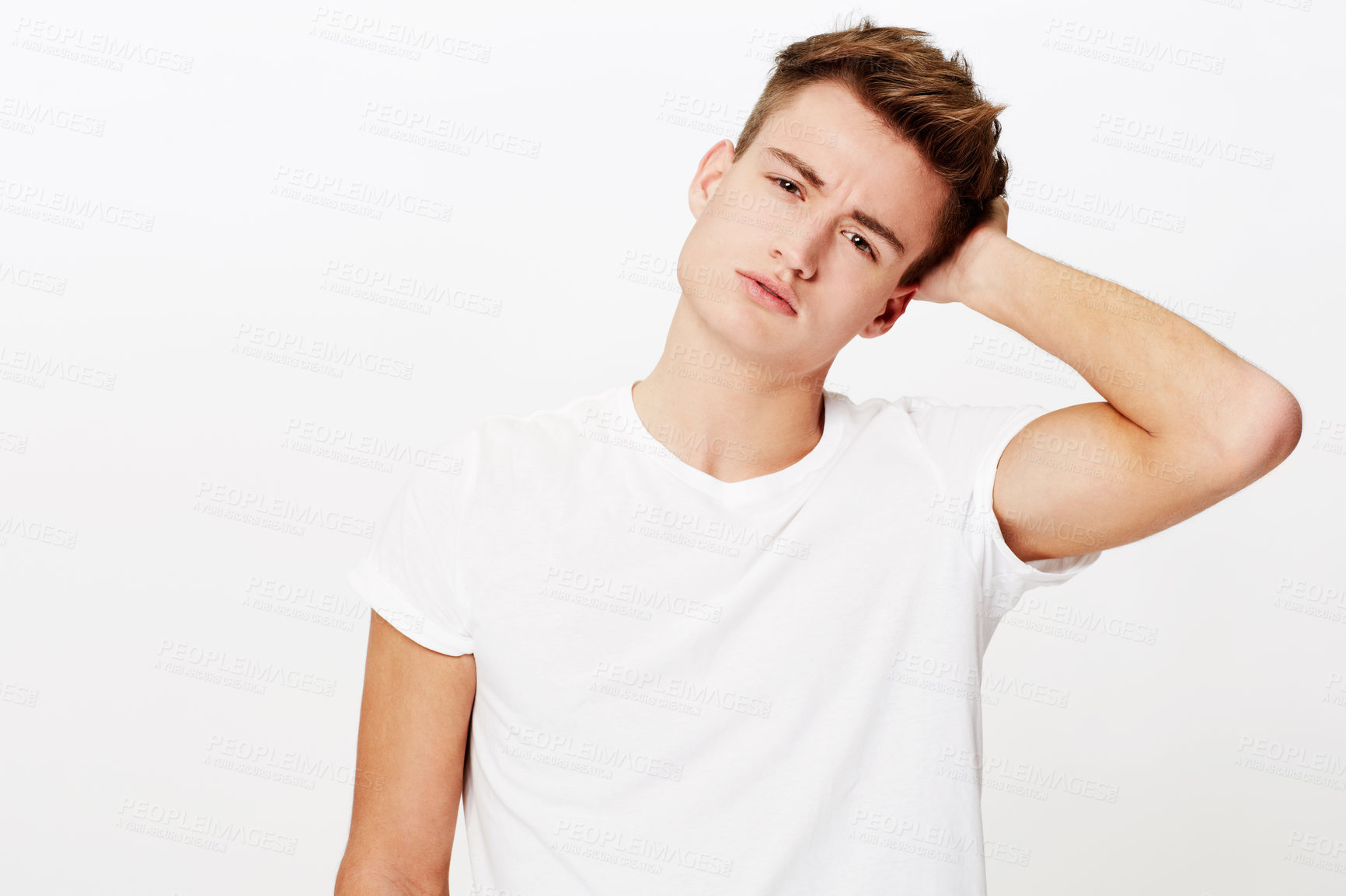 Buy stock photo Confused, thinking and portrait of man scratching head in studio with why, asking or unsure on white background. Doubt, face and male model with questions, puzzled or gesture for guess, huh or memory
