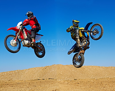 Buy stock photo Motorcycle jump, sport and action with stunt and energy on off road track, transportation and people race outdoor. Competition, dirt bike and performance with adrenaline, exercise and challenge