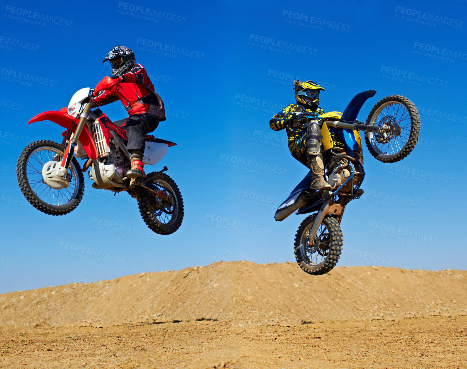Buy stock photo Motorcycle jump, sport and action with stunt and energy on off road track, transportation and people race outdoor. Competition, dirt bike and performance with adrenaline, exercise and challenge