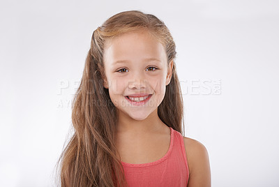 Buy stock photo Portrait, girl and child on studio with smile, confidence and good mood isolated on a white background. Happy young kid with pride, positivity and cheerful expression from New Zealand at mockup space