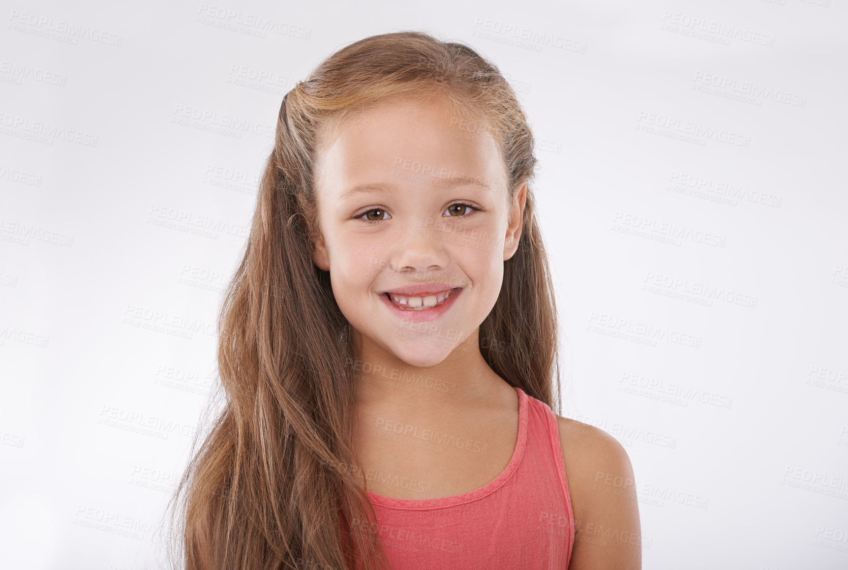 Buy stock photo Portrait, girl and child on studio with smile, confidence and good mood isolated on a white background. Happy young kid with pride, positivity and cheerful expression from New Zealand at mockup space