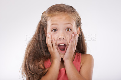 Buy stock photo Girl, child with face and surprise, shock in studio with reaction or facial expression to drama and gossip. Wow, emoji and fear with story, info or announcement with portrait on white background