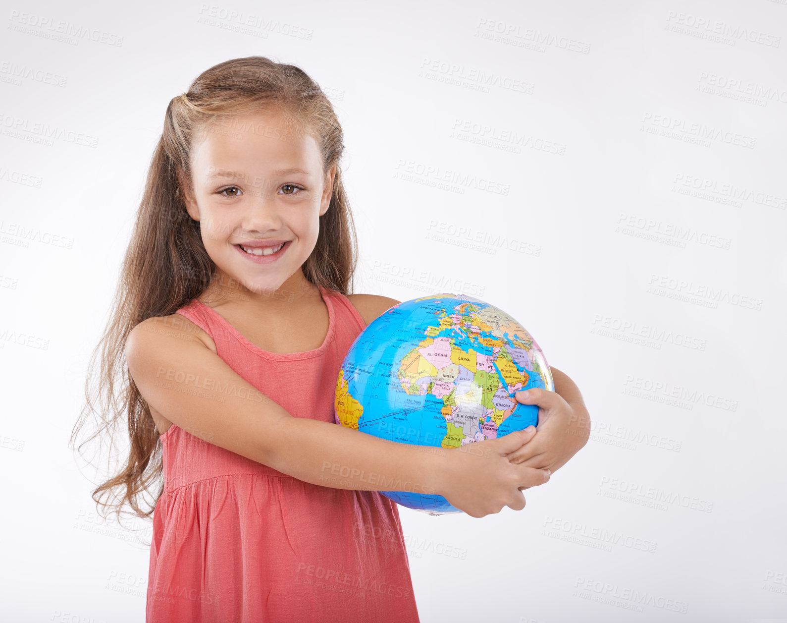 Buy stock photo Child, portrait and world globe for education school learning in studio for Geography, continents or white background. Girl, student and planet for class studying Earth population, travel or mockup