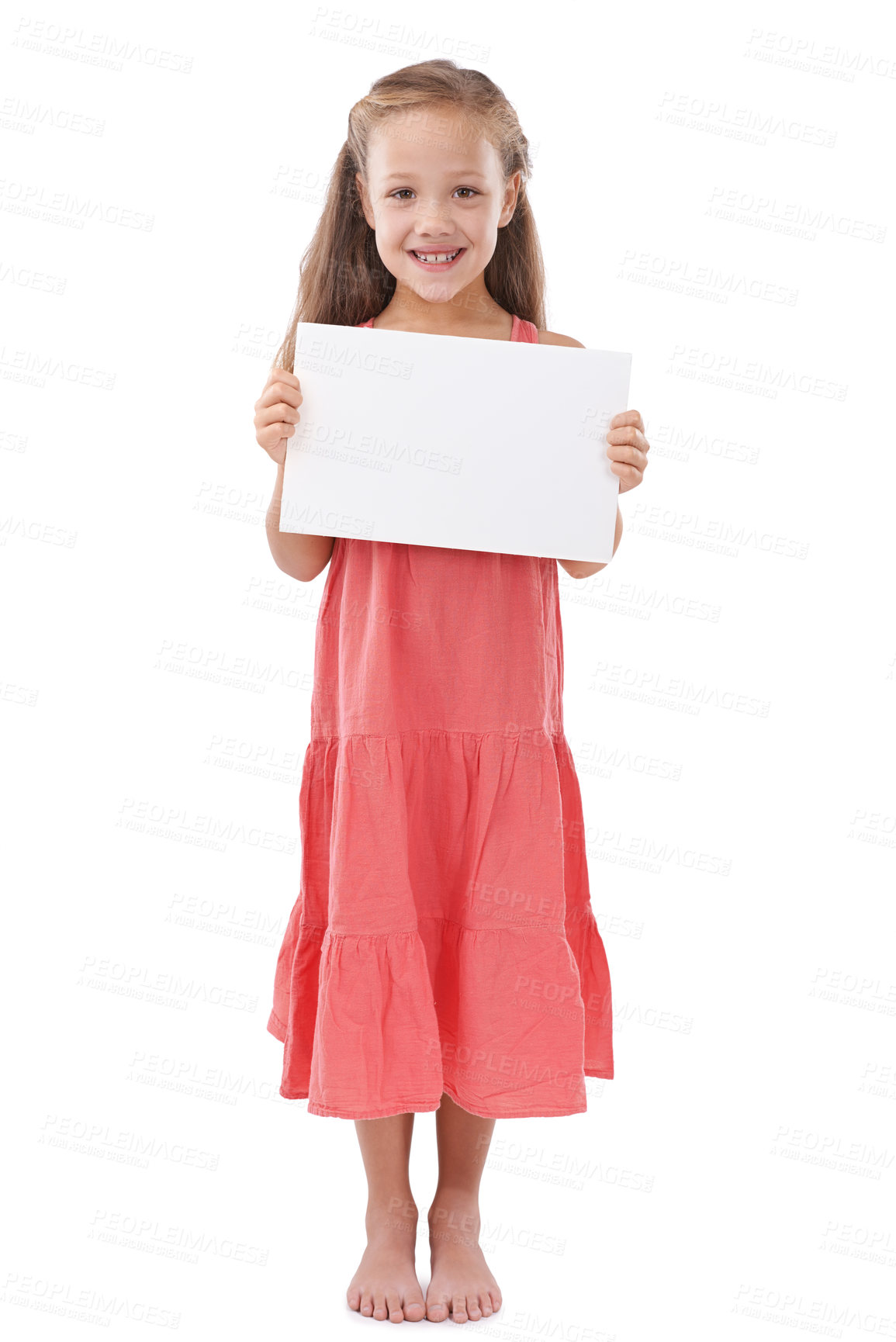 Buy stock photo Poster, mockup and portrait of kid with presentation, broadcast space and advertising news in studio on white background. Happy girl, child and sign board for feedback, offer and information about us