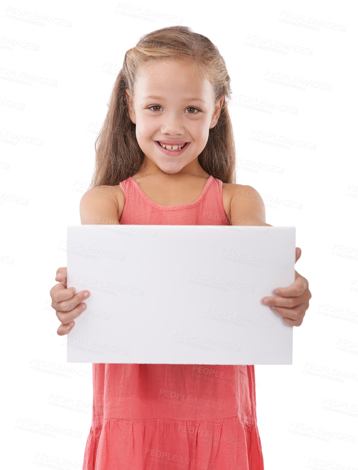 Buy stock photo Paper, mockup and portrait of child advertising space, broadcast news and presentation in studio on white background. Happy kid, girl and poster sign for feedback, offer and information about us