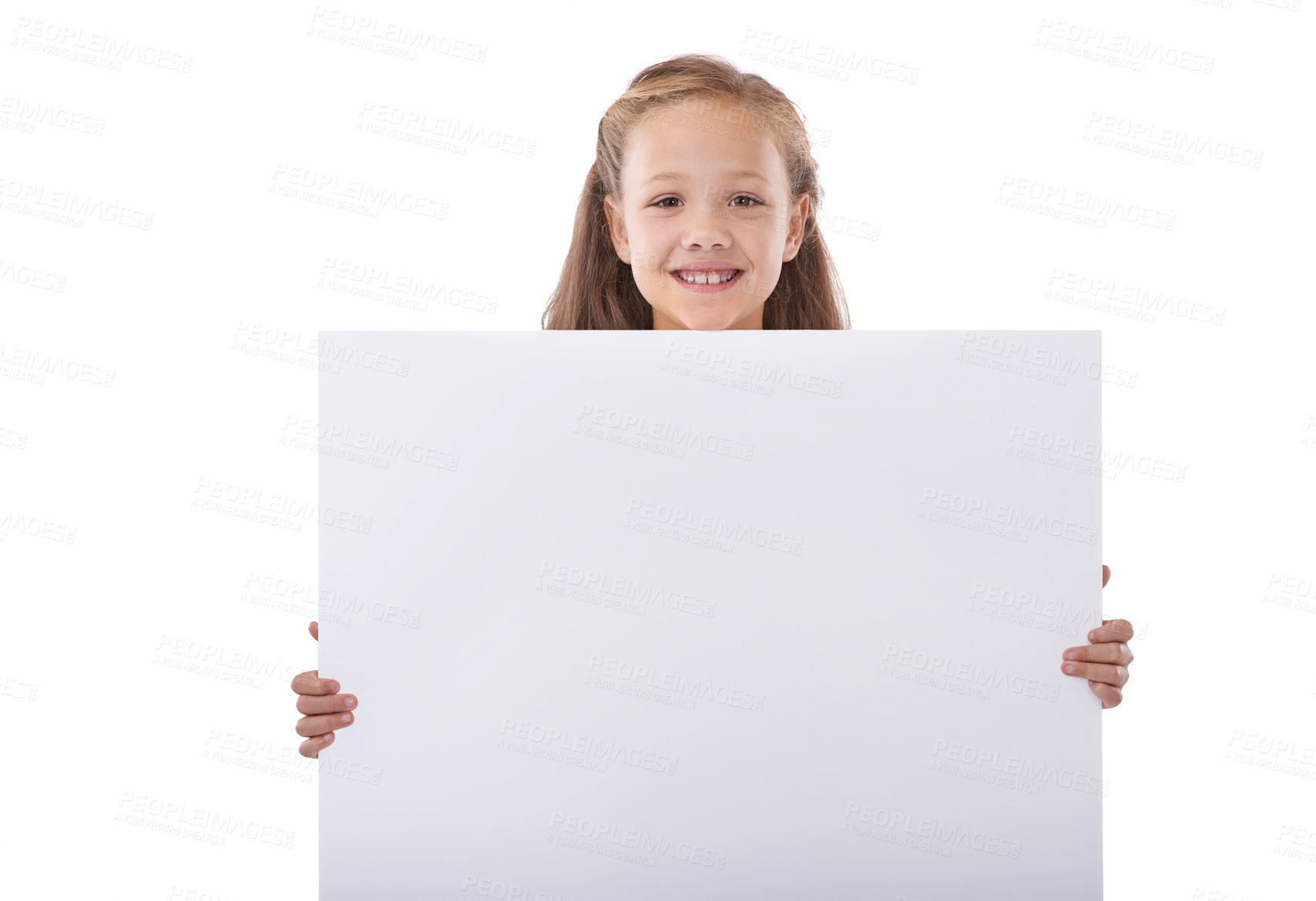 Buy stock photo Poster, portrait and kid advertising mockup, broadcast space and commercial presentation in studio on white background. Happy girl, kid and sign board for feedback, offer and information coming soon