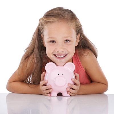 Buy stock photo Piggy bank, savings and girl kid in portrait, finance and learn money management on white background. Budget, growth and investment with young person and financial security, future and cash in studio