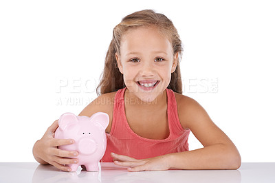 Buy stock photo Piggy bank, savings and girl child in portrait, finance and learn money management on white background. Budget, growth and investment with youth and financial security, future and cash in studio