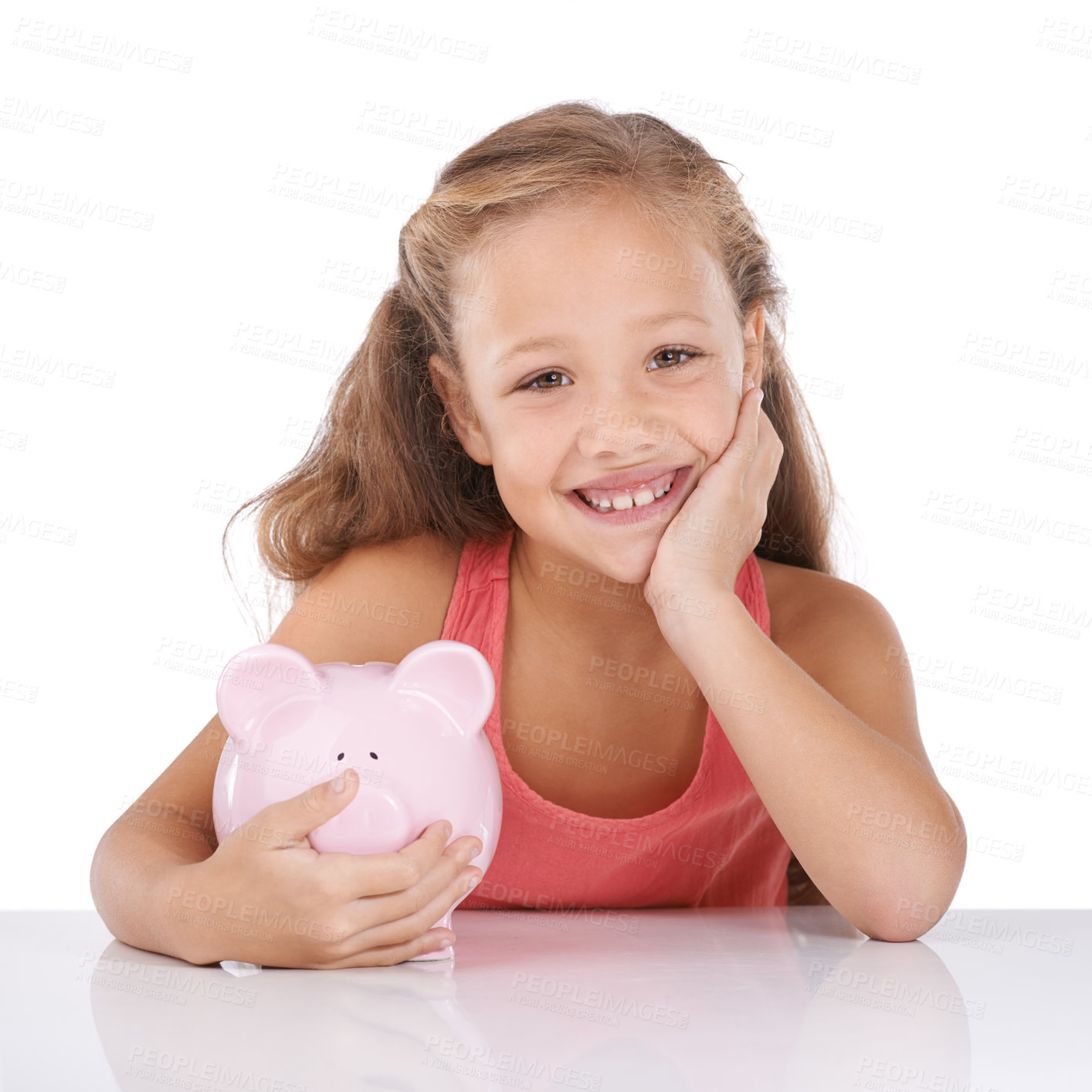 Buy stock photo Piggy bank, save money and girl kid in portrait, finance and learning cash management on white background. Budget, growth and investment, young person and financial security for future in studio