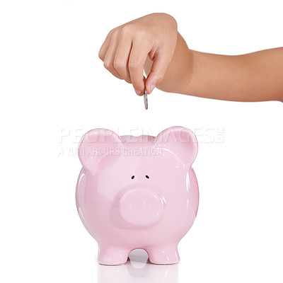 Buy stock photo Hand, piggy bank and coins in studio closeup with savings, investment and financial security by white background. Person, money box and animal container for cash, learning and funding for future