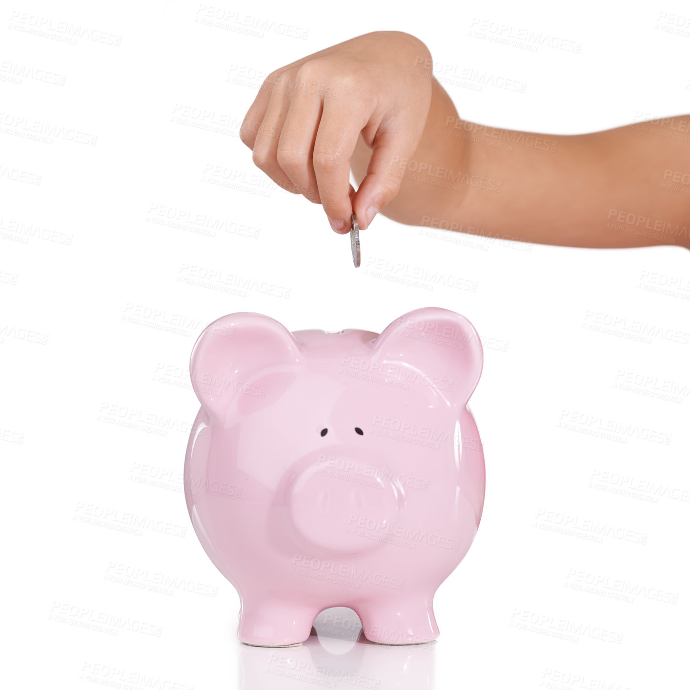 Buy stock photo Hand, piggy bank and coins in studio closeup with savings, investment and financial security by white background. Person, money box and animal container for cash, learning and funding for future