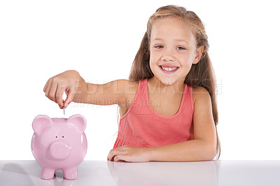 Buy stock photo Girl kid, piggy bank and coins for portrait, studio and pride with smile for investing by white background. Child, container or animal toys with relax for money, cash or happy for financial education