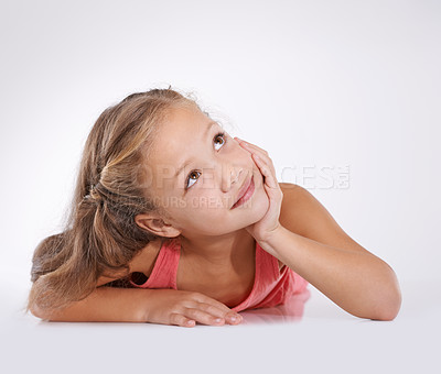 Buy stock photo Thinking, kid and girl with ideas or decision and contemplation on white studio background. Model, mockup space and child development with daydreaming, wonder or planning with choice, happy or ponder