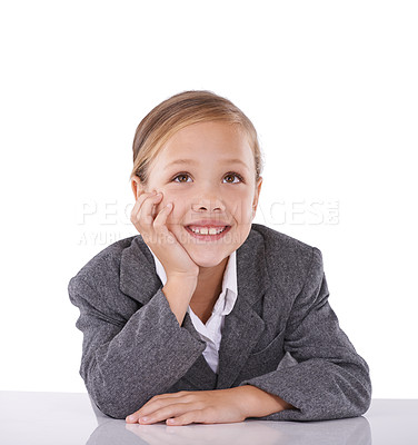 Buy stock photo Child, thinking and business job in studio for future grownup goals for corporate, professional or white background. Female person, hand and thoughts for lawyer career dream, dress up or mockup space