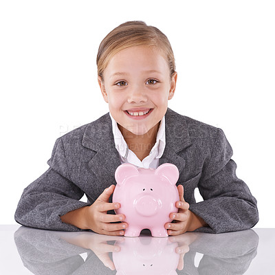 Buy stock photo Child, portrait and suit or piggy bank for saving money or professional dream for lawyer, financial or white background. Female person, face and studio or future goals, mockup space or investment