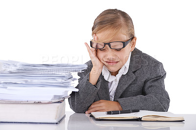 Buy stock photo Child, suit and studio or stress work or dress up kids game for future research job, notebook or white background. Female person, paper and headache for corporate burnout, studying or mockup space