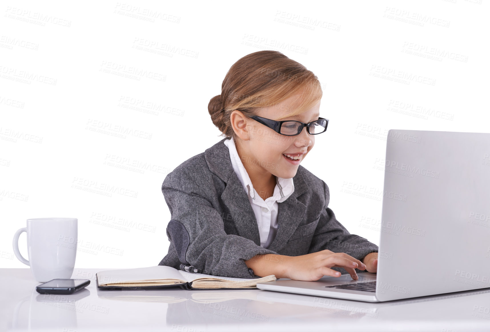 Buy stock photo Business person, child and typing on laptop in studio, email and report or proposal on white background. Female person, pretend professional and playing fantasy game on tech, web and online research