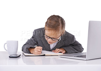 Buy stock photo Business professional, notebook and child planning in studio, ideas and writing agenda in diary. Female person, pretend employee and notes in journal, online research and laptop on white background